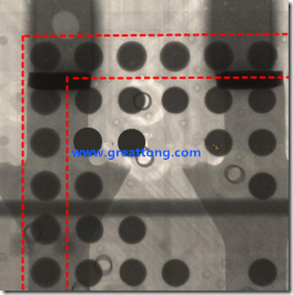 BGA锡球尺寸小于0.4mm，采用降低BGA内围袭球的锡膏量所得到X-Ray，稍微留意一下可以发现最外圈的锡量(圆的直径)比其他内围的锡球上的锡量来得多一点点。也就是外圈的黑色圆形直径比内圈的圆形来得大一点点。