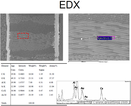 ACF(Conductive Anodic Filament，导垫性细丝物，阳极性玻璃纤维丝漏电现象)。用EDX打出来Au(金)的元素介于通孔与盲孔之间第一个位置。