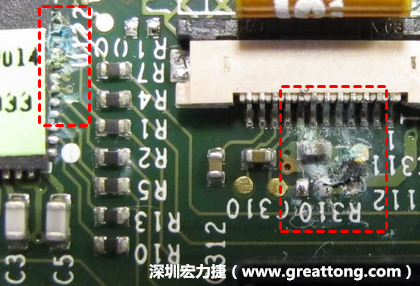 电路板疑似腐蚀氧化,怀疑电流异常过热造成