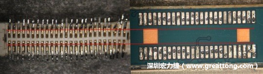 把板对板连接器与其电路板的佈线焊垫作一个比较，端子的切断面有毛边的地方刚好对到了裸铜区。