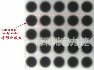 现在我画几条直线你再看看是否有发现那一颗BGA的锡球比较大,有空焊的可能?