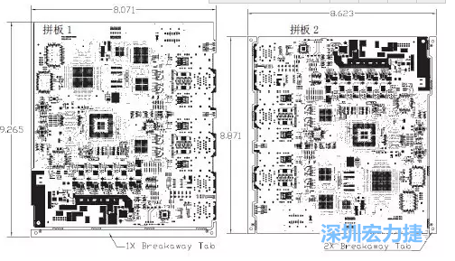 如图7所示是使用不同数量边条的拼板，拼板1仅使用了一个边条，直接利用PCB另一边作为SMT工艺传送边，并且PCB图形中有合适的安装孔；而拼板2则是按常规设计了两个边条。拼板方式为连接筋。图中“Breakaway Tab”指边条-深圳宏力捷