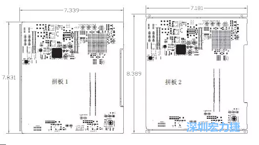 如图11所示在两种拼板中PCB单元的边条位置不同，拼板1中边条在长边方向，而拼板2中边条在短边方向-深圳宏力捷