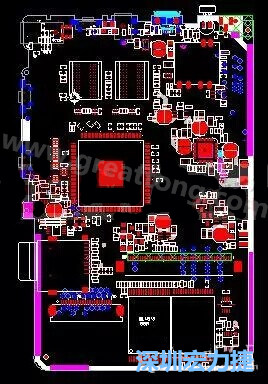 上图是一个开发板的PCB，从布局中可以看出各个接口电路分离很明确，SDRAM和DDR以及SD卡接口电路等走线不会造成相互的干扰。-深圳宏力捷