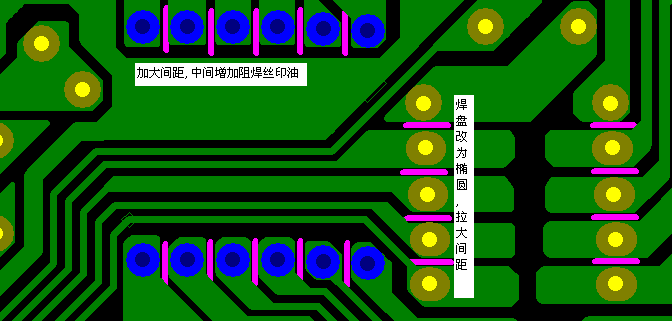 加大焊点间距，中间增加阻焊油。严格控制助焊剂质量。