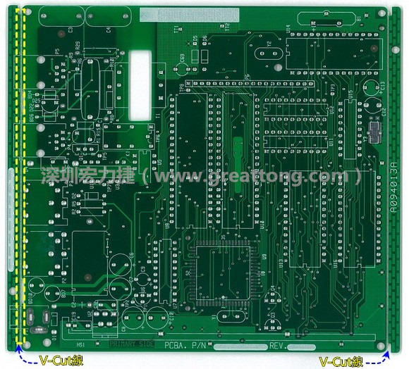 所谓【V-cut】是印刷电路板(PCB)厂商依据客户的图纸要求,事先在PCB的特定位置用转盘刀具切割好的一条条分割线,其目的是为了方便后续SMT电路板组装完成后的「分板(De-panel)」之用,因为其切割后的外型看起来就像个英文的【V】字型,因此得名。