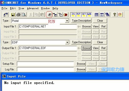 输出文件类型(Type)选 EDIF。Output File 1 指定输出文件的文件名和路径。然后点击 Run(跑动的小人)。