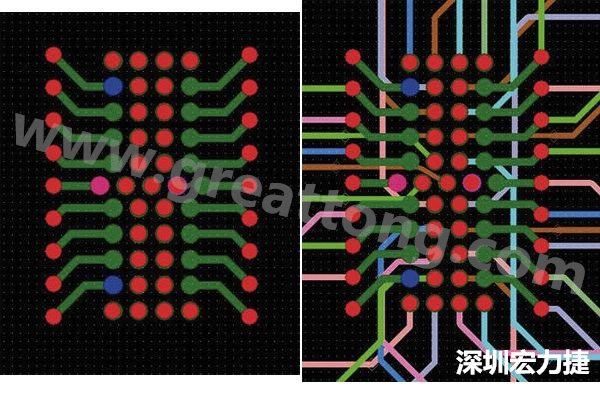 图7：焊盘内过孔用于内部，而外部接脚在0.5mm闸格上扇出。图7a显示的是顶层(左)；图7b显示顶层和内部布线层(右)。