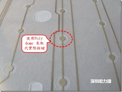 仔细看下面的第一张图片，在圆形的节点旁边有个圆形的开口，这个开口垫高了键盘按键的接触点线路。