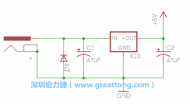 新增RBBB→Power_Jack，将它放在电压调整器的输入端旁边。