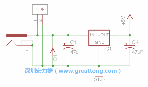 2.5.    新增一个二极体，它会以水平的状态出现在屏幕上，请使用「旋转（Rotate）」工具把它负极那一面朝上，并且用「网络连接」工具将它连接在电压调整器的输入端和接地端之间。