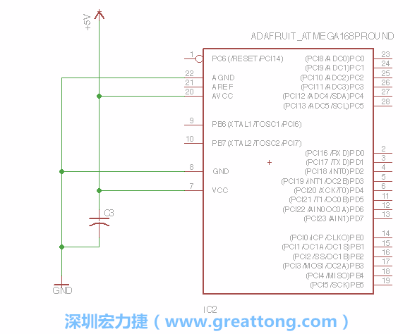 3.1.    新增微控制器晶片（RBBB → ATmega），把它放在电路原理图的中央附近，把它的两个接地接头连接到接地讯号端。