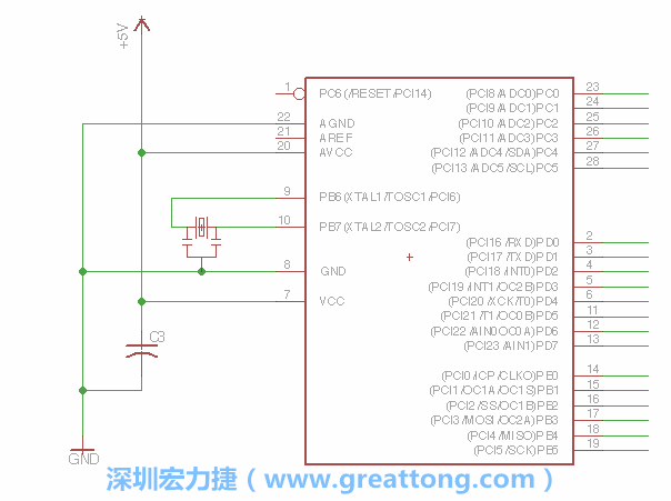 3.2.    在靠近ATmega的电源供应针脚7的位置放置一个0.1μF的电容，将它分别连接电源、接地端和针脚7。