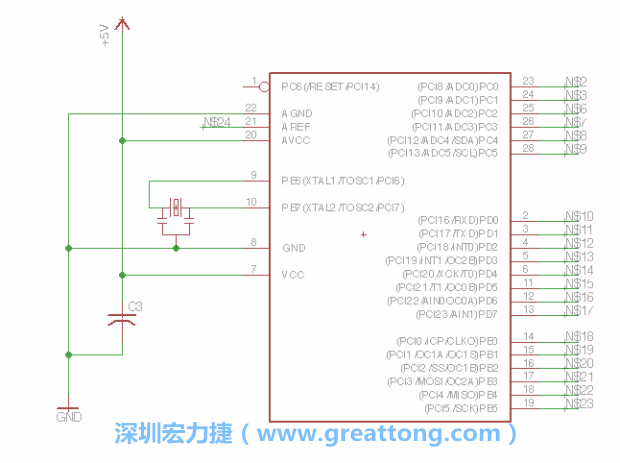 3.3.    将共鸣器（resonator）放置在针脚9和针脚10附近，将它的三个针脚连接如图所示，并确认最中间的针脚有连到接地端。