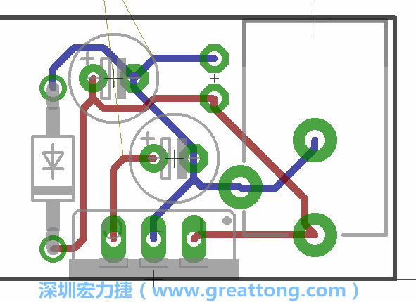 接地连结点的布线情形如下图所示，利用这个练习来避免电路连线锐角化的产生是一个不错的选择，你可以在工具列中的弯曲线路（Wire Bend）选项里改变各种布线的变化。