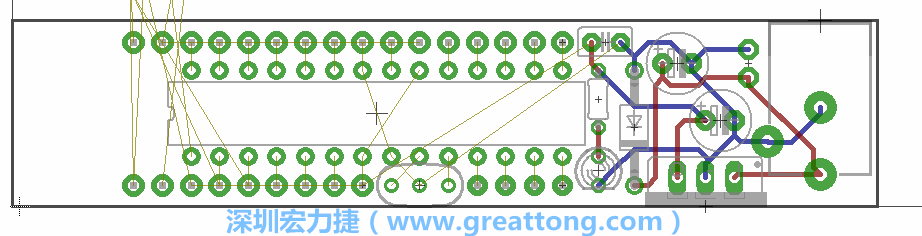 将ATmega微控制器、三个GPIO排针（JP2, JP3, JP4）和谐振器（resonator）排置如上图所示。