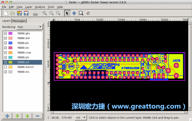 将图层汇入你的Gerber预览工具内（下图为Gerbv），我通?；岽由系较轮匦屡帕兴堑乃承?，好让我比较好校对：