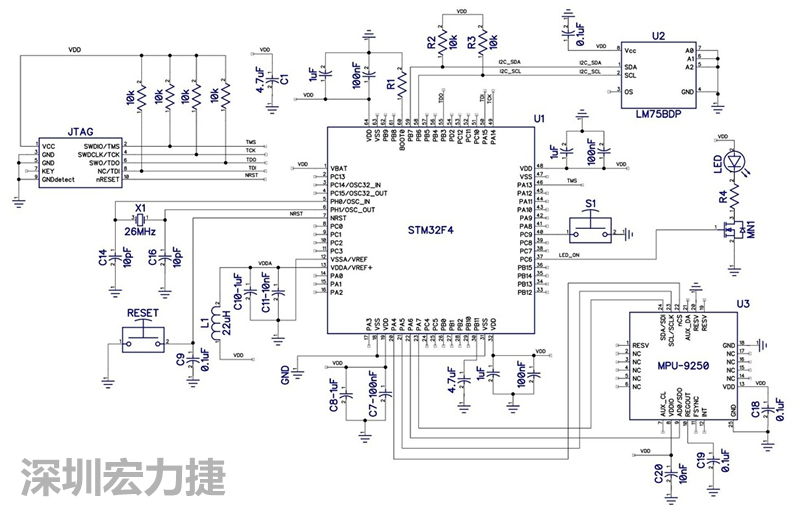 图 1. STM32F4微控制器的电路图。