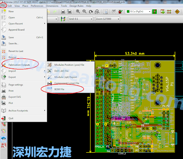 在Kicad的PCB Editor, 点选 File->Fabrication Outputs->BOM File, 即可产生一个 .csv 的Excel 档案。