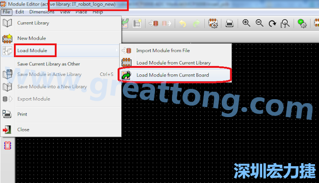 进入Module Editor去载入其他Footprint(Module)进来， 从目前的Active library (不过要先选取一个Current library ) 载入Module 或从目前正在编辑的PCB载入Module。