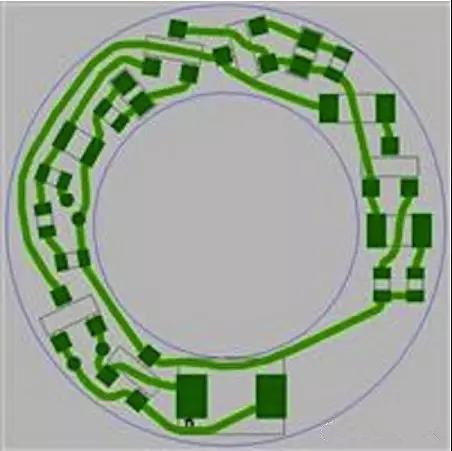 图6：PCB布线例子：(a)拓扑式自动布线器(完成了100%导线的布线)；
