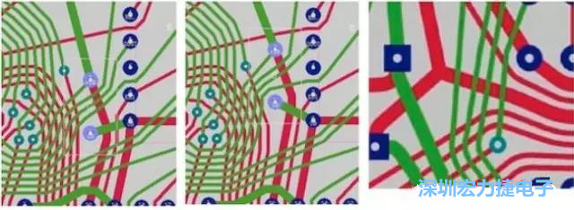 图9：自动移动过孔(淡蓝色圆)和分支点。(a)原始设计的一部分，(b)移动过孔后的设计，(c)分支点(3条红色导线)被自动移动到最佳位置。