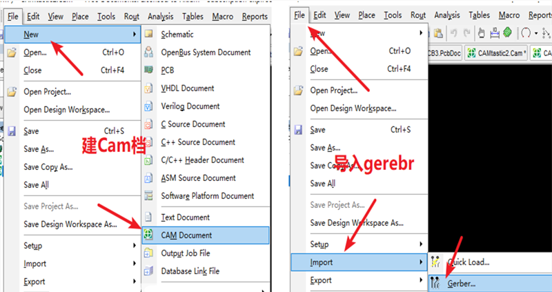 在File下新建 Cam档，建后再File下导入Gerber文件，选择所有文件导入gerber。
