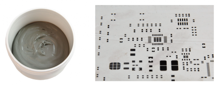 焊膏（左），PCB模板激光切割孔（右）